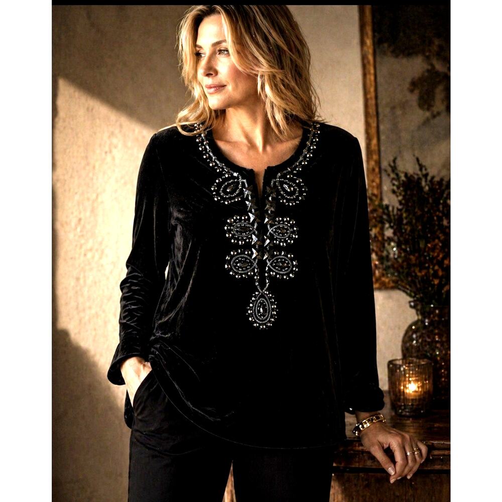 Velvet Beaded Statement Top Black Silk Blend Holiday Evening Blouse Size 10